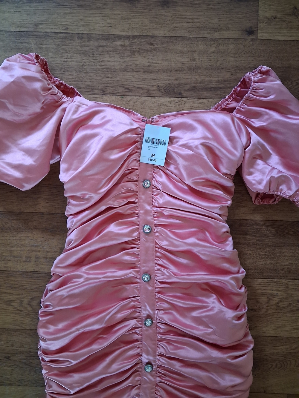 Satin Pink Ruched Puff Sleeve Mini Dress - Picture 4 of 5